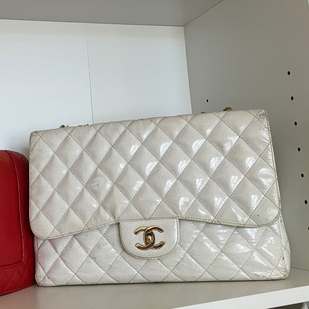 Chanel White Glitter Jumbo Maxi Flap Bag Gem